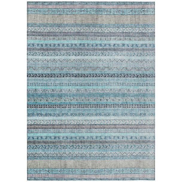 5' X 8' Turquoise And Teal Blue Striped Washable Indoor Outdoor Area Rug