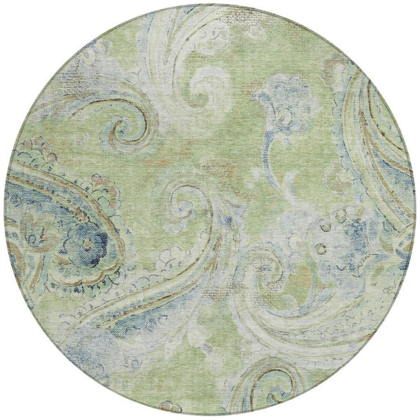 8' Green And Silver Round Paisley Washable Indoor Outdoor Area Rug