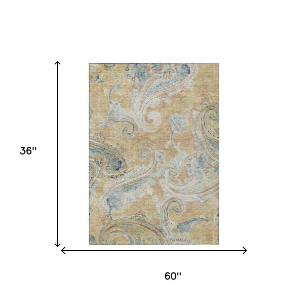 3' X 5' Coral And Orange Paisley Washable Indoor Outdoor Area Rug
