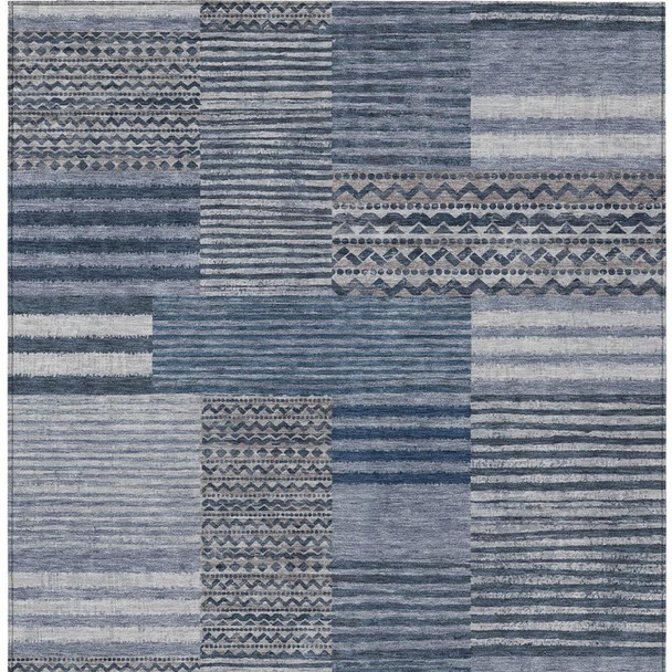 10' X 14' Blue And Gray Striped Washable Indoor Outdoor Area Rug