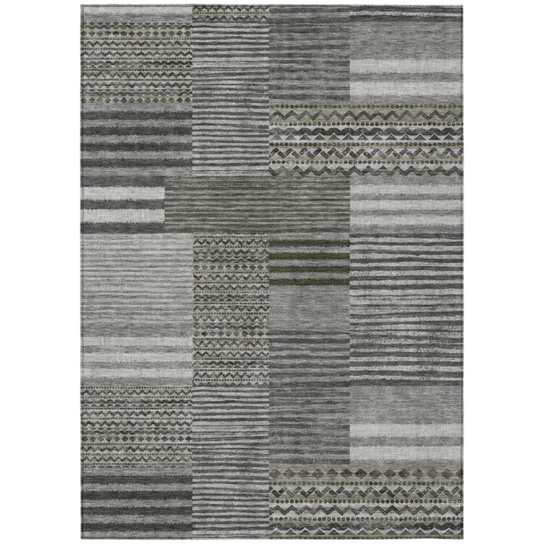9' X 12' Pewter And Gray Striped Washable Indoor Outdoor Area Rug