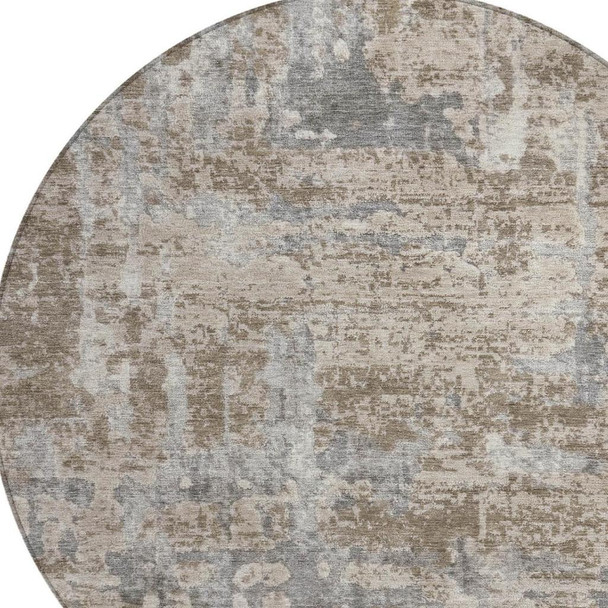 8' Khaki And Brown Round Abstract Washable Indoor Outdoor Area Rug