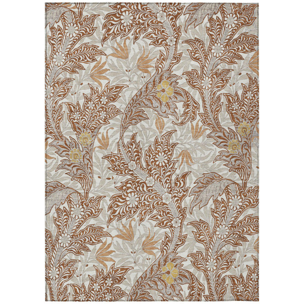 5' X 8' Orange And Khaki Botanical Leaves Washable Indoor Outdoor Area Rug