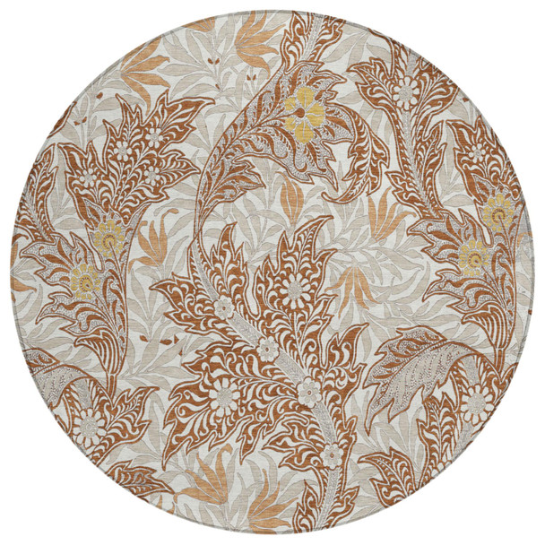 8' Orange And Khaki Round Botanical Leaves Washable Indoor Outdoor Area Rug