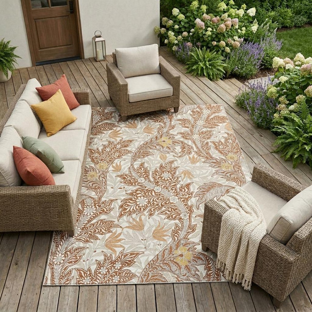 8' X 10' Orange And Khaki Botanical Leaves Washable Indoor Outdoor Area Rug