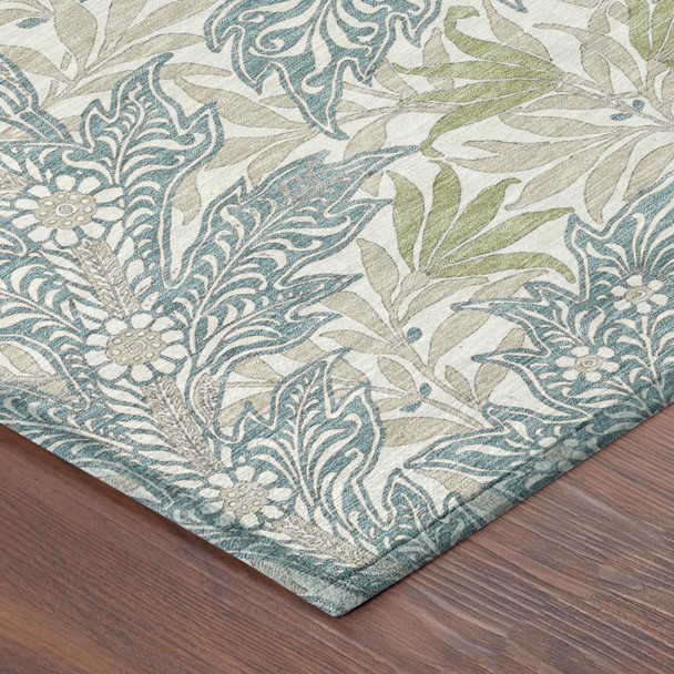 5' X 8' Teal Blue And Pewter Botanical Leaves Washable Indoor Outdoor Area Rug