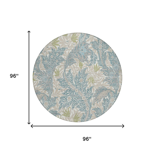 8' Teal Blue And Pewter Round Botanical Leaves Washable Indoor Outdoor Area Rug