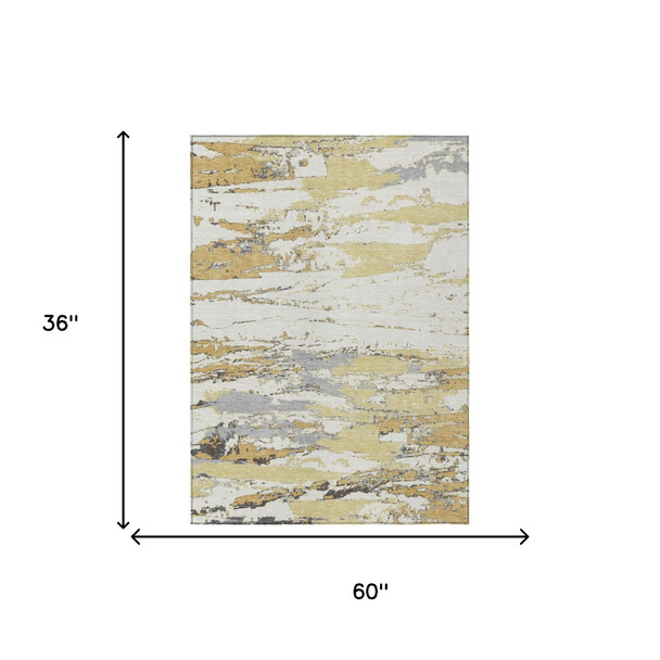 3' X 5' Wheat And Gold Abstract Washable Indoor Outdoor Area Rug
