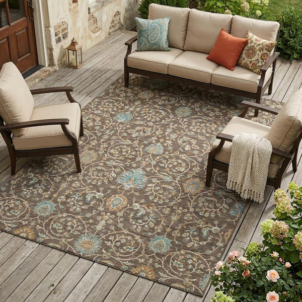 9' X 12' Coffee And Brown Floral Washable Indoor Outdoor Area Rug