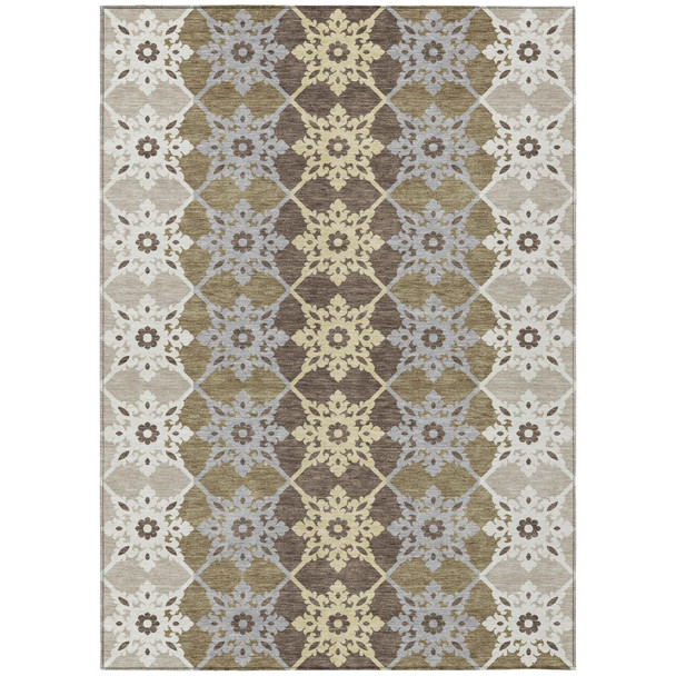 5' X 8' Brown And Pewter Floral Medallion Washable Indoor Outdoor Area Rug