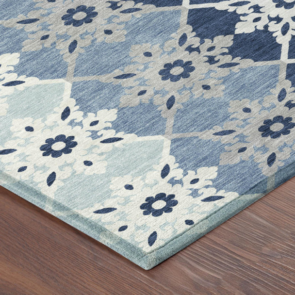 8' Blue And Pewter Round Floral Medallion Washable Indoor Outdoor Area Rug