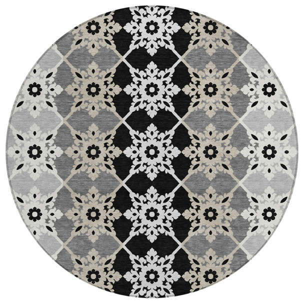 8' Gray And Pewter Round Floral Medallion Washable Indoor Outdoor Area Rug