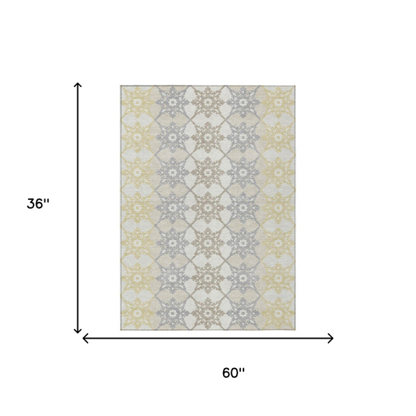 3' X 5' Ivory And Silver Floral Medallion Washable Indoor Outdoor Area Rug