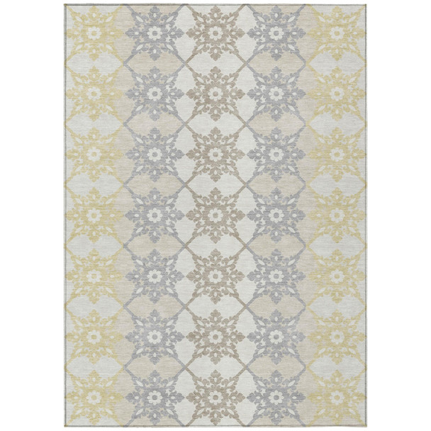 10' X 14' Ivory And Silver Floral Medallion Washable Indoor Outdoor Area Rug