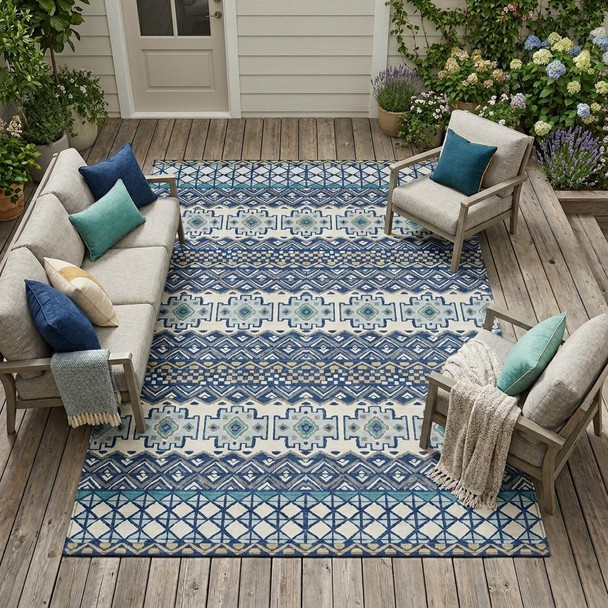 10' X 14' Blue And Gray Striped Washable Indoor Outdoor Area Rug