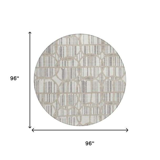 8' Ivory And Silver Round Geometric Washable Indoor Outdoor Area Rug