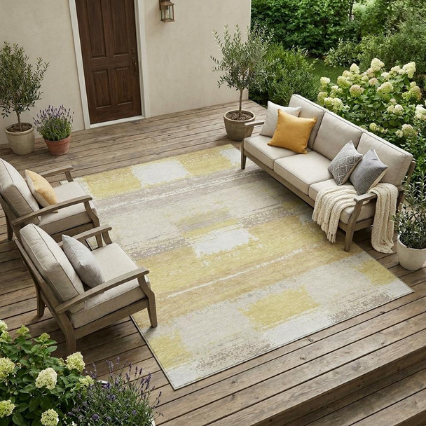 9' X 12' Wheat And Gold Geometric Washable Indoor Outdoor Area Rug