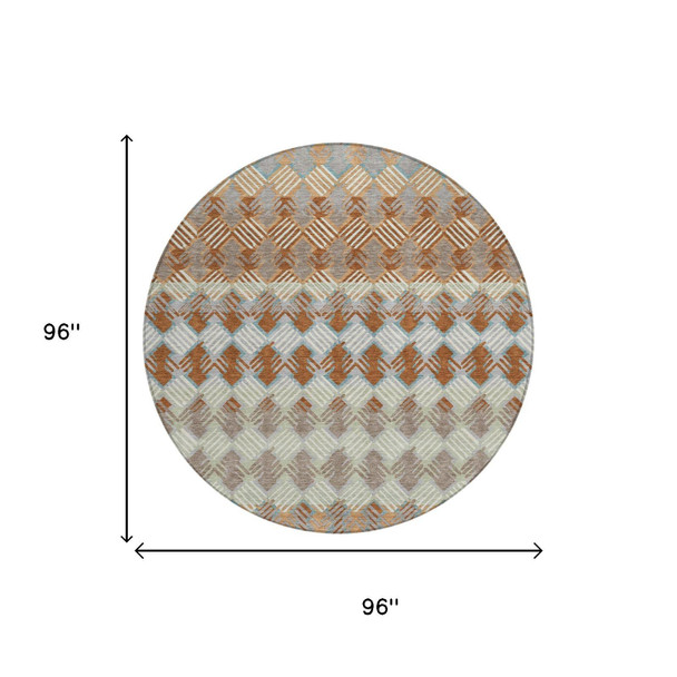 8' Orange And Taupe Round Striped Washable Indoor Outdoor Area Rug