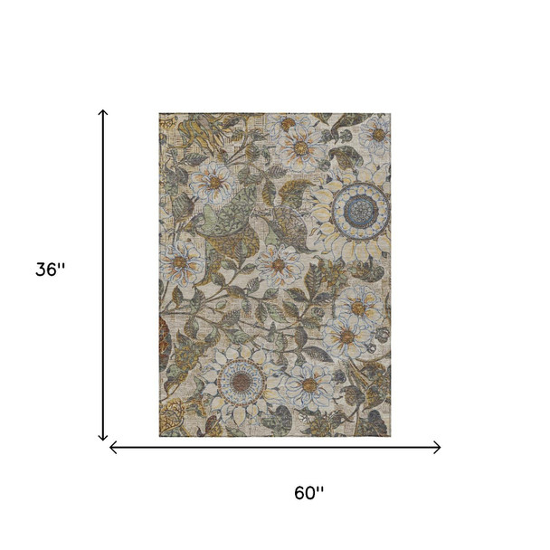 3' X 5' Beige And Brown Floral Washable Indoor Outdoor Area Rug