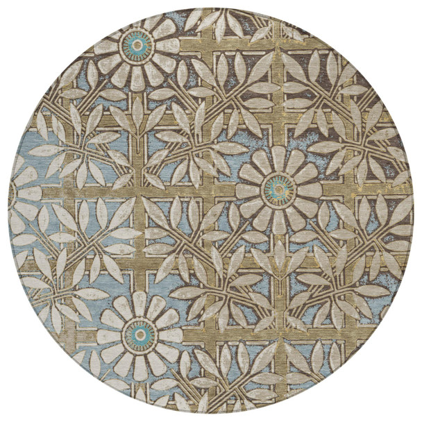 8' Khaki And Brown Round Floral Washable Indoor Outdoor Area Rug
