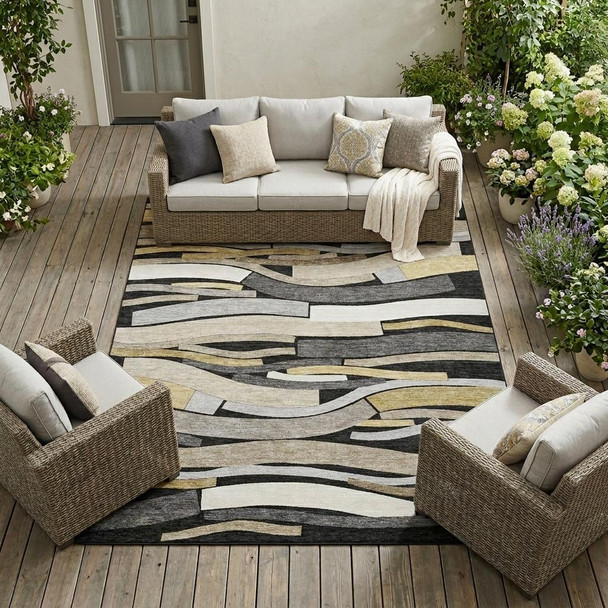 8' X 10' Black And Graphite Striped Washable Indoor Outdoor Area Rug