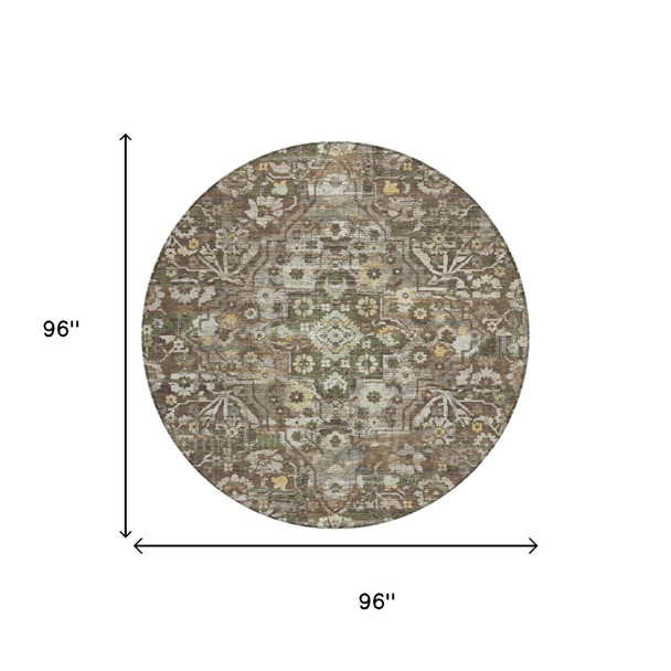 8' Chocolate And Brown Round Floral Medallion Washable Indoor Outdoor Area Rug