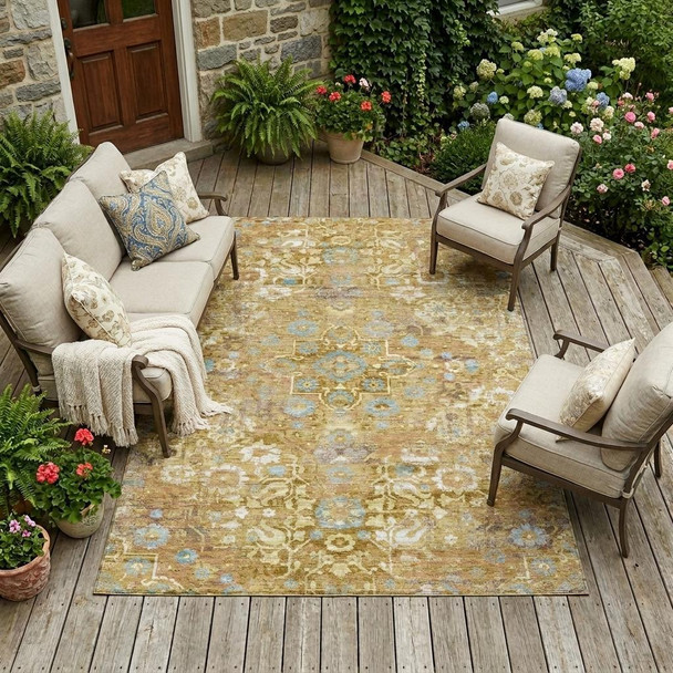 10' X 14' Gold And Copper Floral Medallion Washable Indoor Outdoor Area Rug