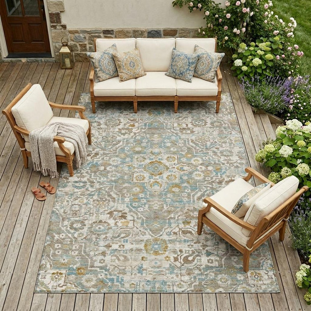 9' X 12' Ivory And Pewter Floral Medallion Washable Indoor Outdoor Area Rug