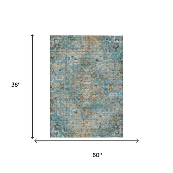 3' X 5' Teal Blue And Pewter Floral Medallion Washable Indoor Outdoor Area Rug