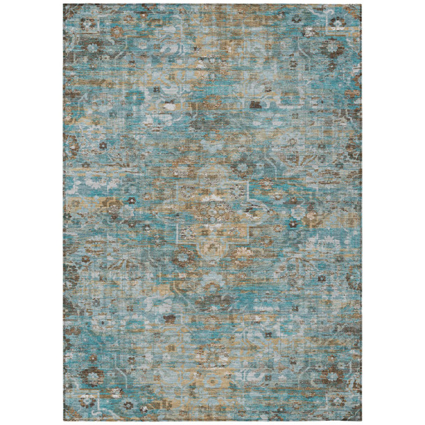 5' X 8' Teal Blue And Pewter Floral Medallion Washable Indoor Outdoor Area Rug