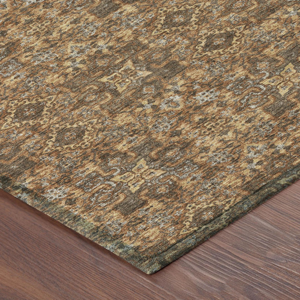 5' X 8' Orange And Brown Damask Washable Indoor Outdoor Area Rug