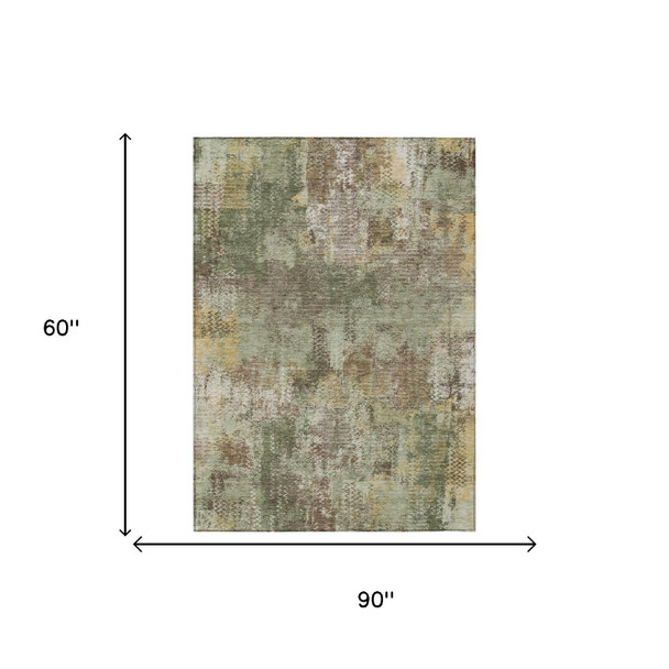 5' X 8' Olive Green And Green Abstract Washable Indoor Outdoor Area Rug