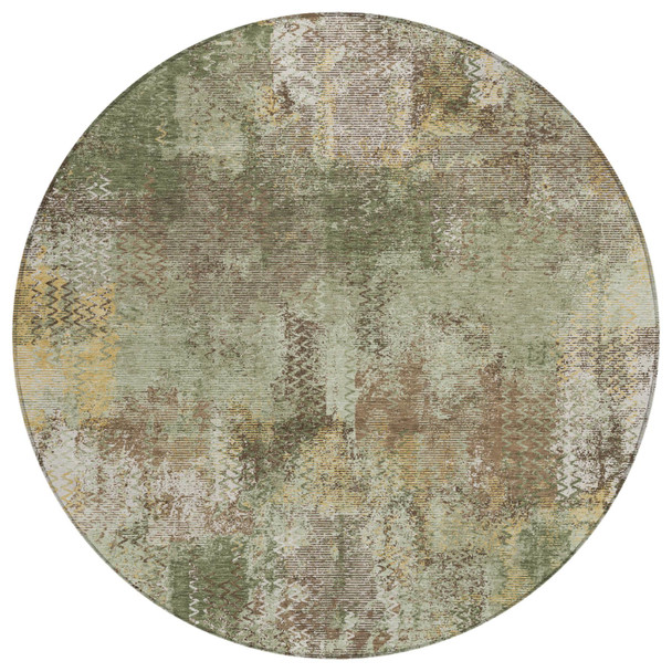 8' Olive Green And Green Round Abstract Washable Indoor Outdoor Area Rug