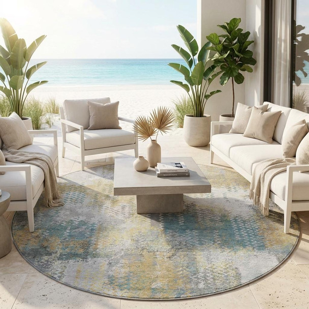 8' Silver And Gray Round Abstract Washable Indoor Outdoor Area Rug