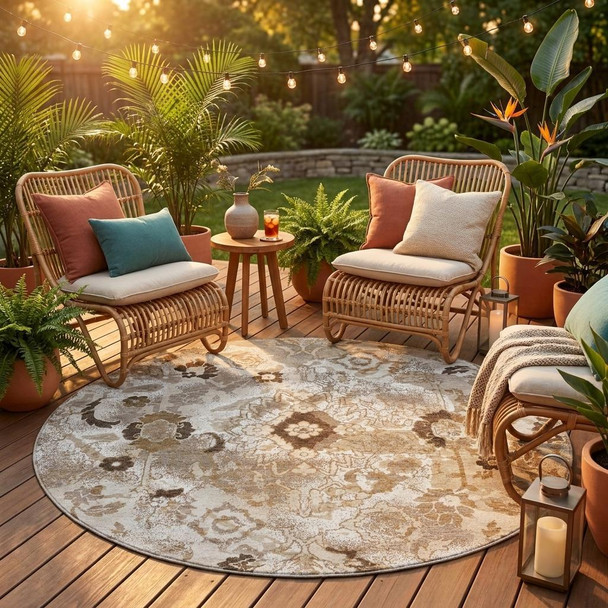 8' Beige And Brown Round Floral Washable Indoor Outdoor Area Rug