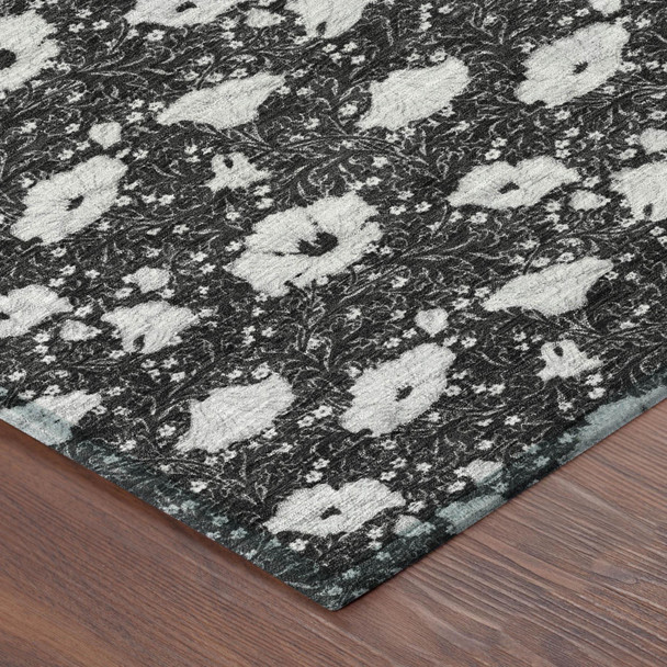8' X 10' Black And Graphite Floral Washable Indoor Outdoor Area Rug