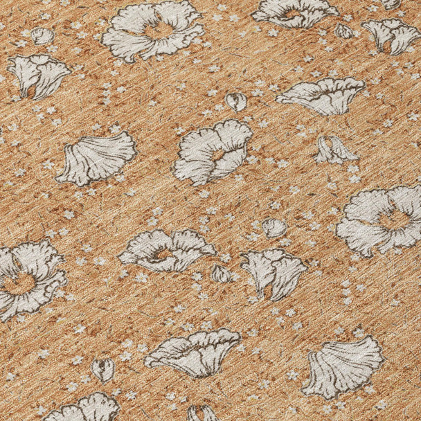 9' X 12' Copper And Orange Floral Washable Indoor Outdoor Area Rug