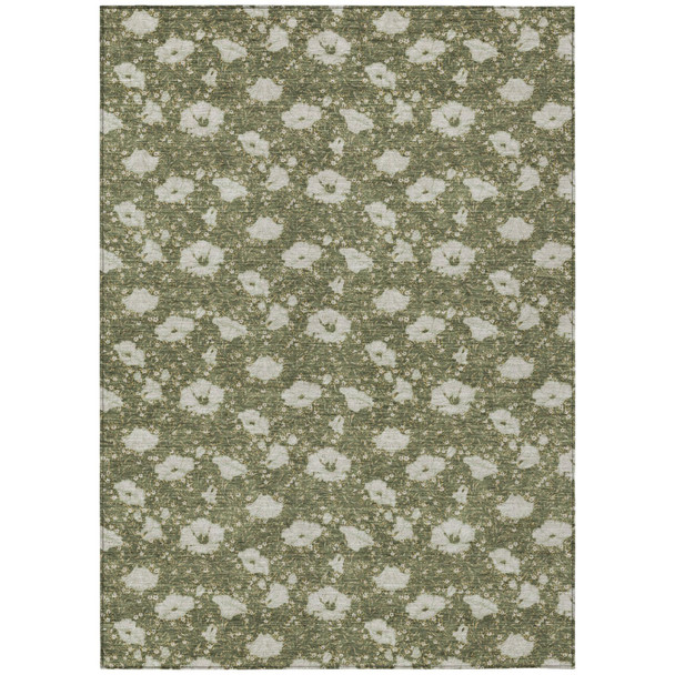 10' X 14' Olive Green And Green Floral Washable Indoor Outdoor Area Rug