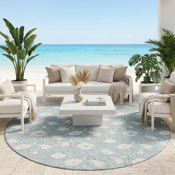 8' Sky Blue And Blue Round Floral Washable Indoor Outdoor Area Rug
