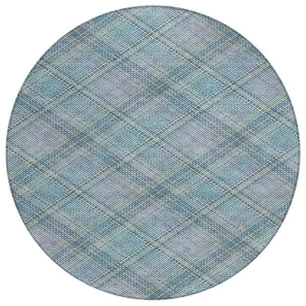8' Sky Blue And Blue Round Plaid Washable Indoor Outdoor Area Rug