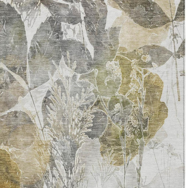 10' X 14' Brown And Silver Botanical Leaves Washable Indoor Outdoor Area Rug