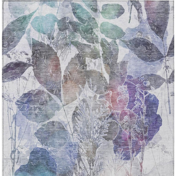 9' X 12' Blue And Silver Botanical Leaves Washable Indoor Outdoor Area Rug