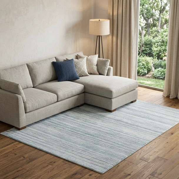 9' X 12' Teal Dark Gray And Ivory Striped Hand Tufted Area Rug