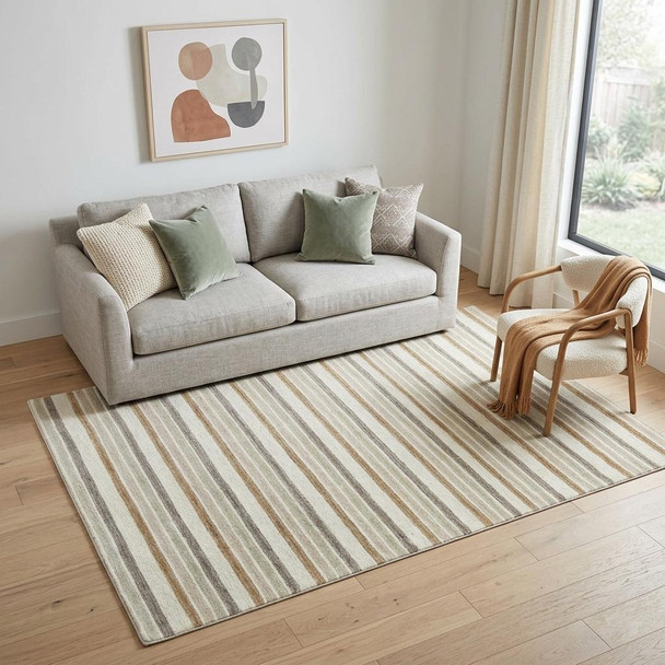 5' X 8' Ivory Beige And Brown Wool Striped Hand Tufted Area Rug