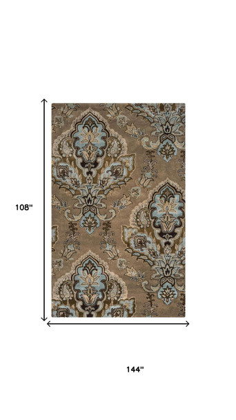 9' X 12' Brown Dark Brown Blue Khaki And Tan Wool Damask Hand Tufted Area Rug