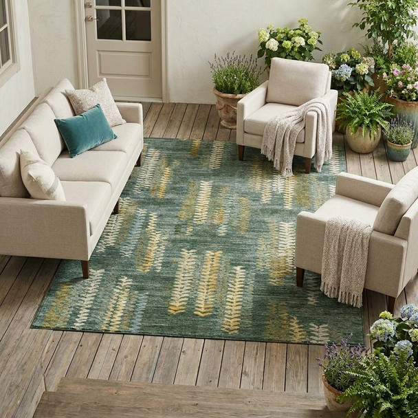 9' X 12' Green And Brown Striped Washable Indoor Outdoor Area Rug