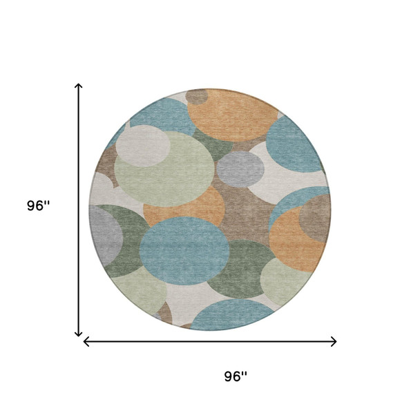 8' Teal Blue And Silver Round Geometric Washable Indoor Outdoor Area Rug