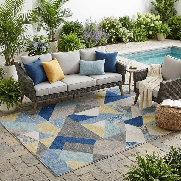 5' X 8' Blue And Silver Geometric Washable Indoor Outdoor Area Rug
