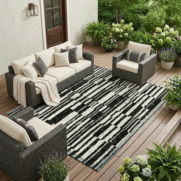 9' X 12' Black And Graphite Striped Washable Indoor Outdoor Area Rug