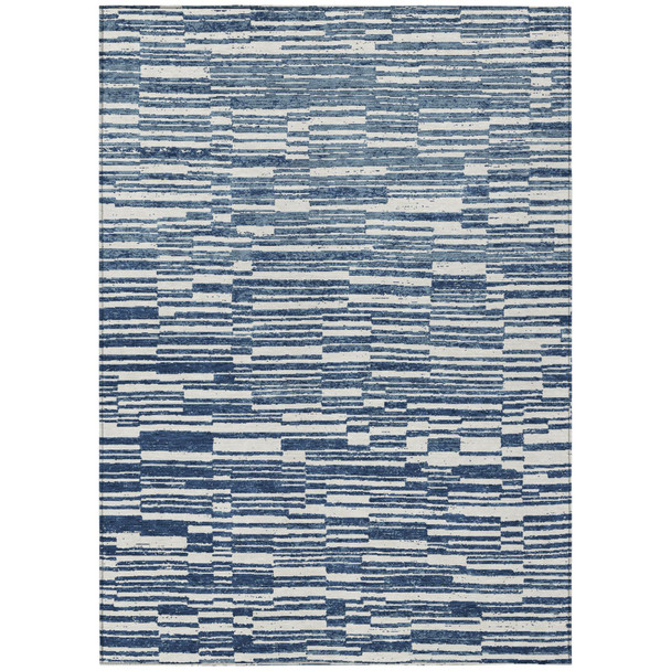 5' X 8' Navy Blue And Blue Striped Washable Indoor Outdoor Area Rug